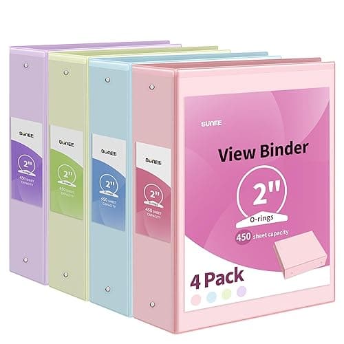 SUNEE 3 Ring Binders 2 Inch 4 Pack, Pastel Assortment, Letter Size, 3 Hole, 450 Pages, PVC-Free, Durable, Easy to Use - 2 Inch - 4 Pack - Pastel Assortment