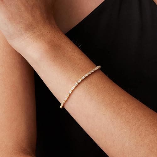 PAVOI 14K Gold Plated CZ Tennis Bracelet For Women | Classic Emerald Cut Simulated Diamond Bracelet thumbnail 2