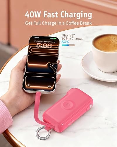 RORRY Flow Portable Charger 10000mAh 40W Wall Plug Power Bank Battery Pack | Built-in USB-C Cable, Keychain Design, Fast Charging, for iPhone 17/16/15, Apple Watch, iPad, 3-in-1, Travel Essential thumbnail 3