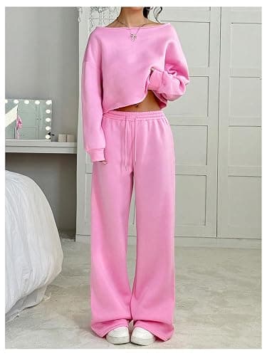 SOLY HUX Women's 2 Piece Outfits Fall Sweatsuits Off The Shoulder Crop Top Wide Leg Sweatpants Casual Matching Lounge Sets thumbnail 5