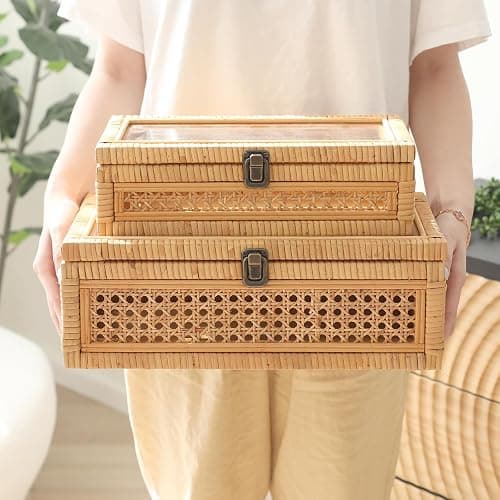 DECOR4SEASON Rattan and Cane Stacking Boxes with Glass Top Lid - Set of 2 for Boho, and Rustic Farmhouse Decor thumbnail 4