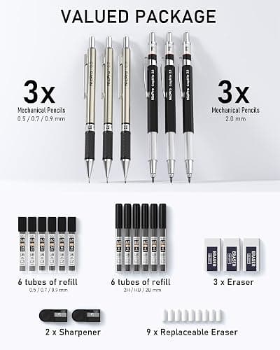 Nicpro 6PCS Art Mechanical Pencil Set, 3PCS Metal Drafting Pencil 0.5 mm & 0.7 mm & 0.9 mm & 3PCS 2mm Graphite Lead Holder (2B HB 2H) For Writing, Sketching Drawing With Lead Refills Case thumbnail 5
