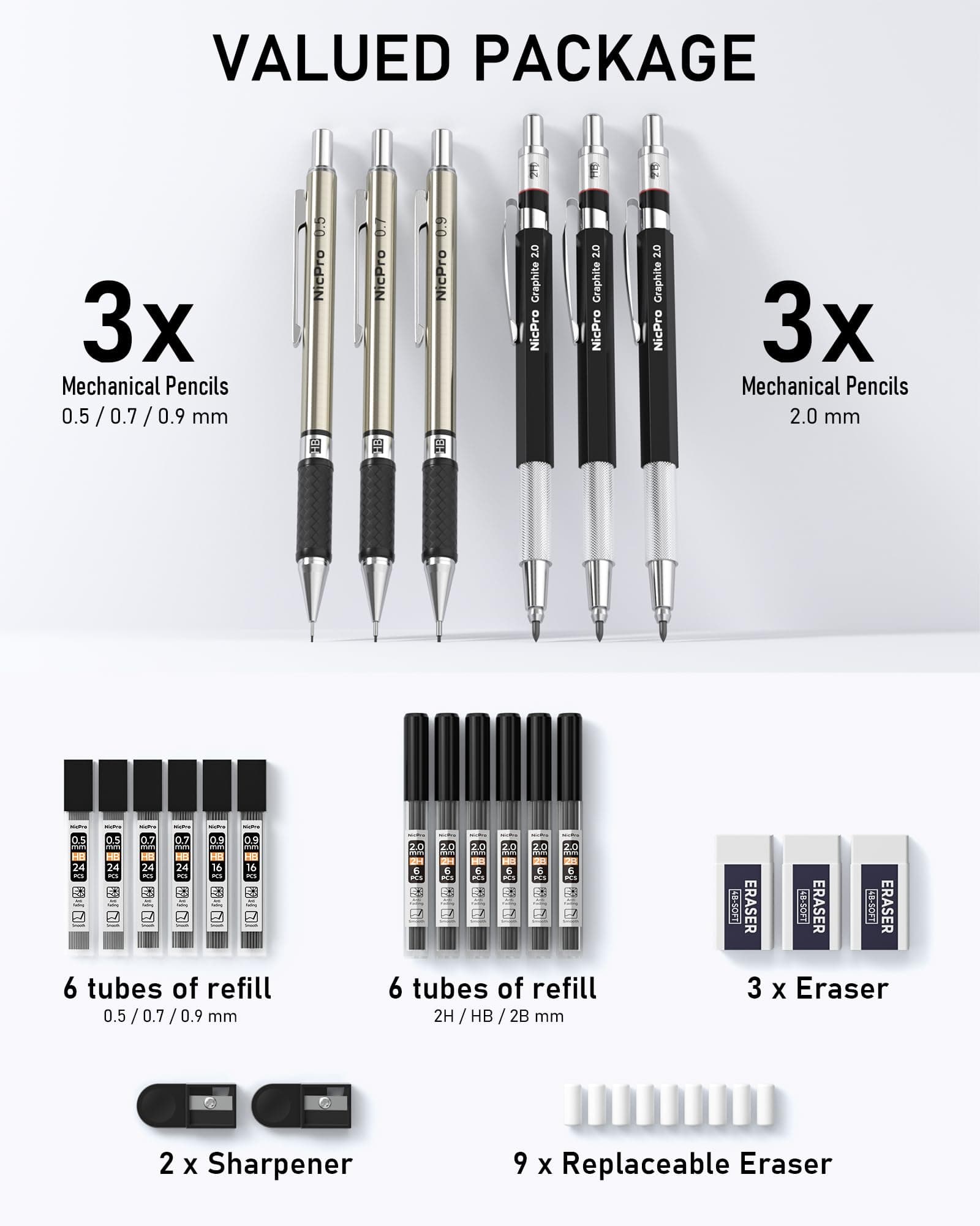 Nicpro 6pcs Mechanical Pencils Set, 3pcs 2mm Lead Holder, Clutch Propulsion Drawing Pen 0.5mm & 0.7mm & 0.9mm for Writing, Sketching, with 12 Tubes Lead Refills (2B 2H HB) thumbnail 5