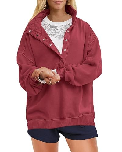 Gacaky Womens Oversized Sweatshirts Casual Button Henley Neck Long Sleeve Pullover Fleece Loose Fit Fall Tops Fashion Outfits - Image 1