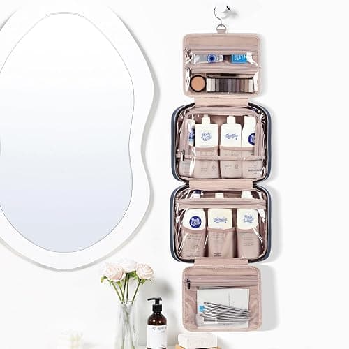 NISHEL Travel Toiletry Bag for women, Portable Hanging Organizer for Full-Sized Shampoo, Conditioner, Brushes Set, Makeup Accessories, Large Size, Aegean-Blue thumbnail 2