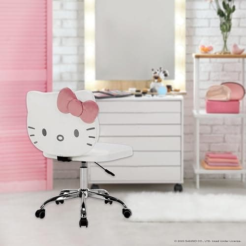 Impressions Vanity Hello Kitty Kawaii Swivel Vanity Chair for Makeup Room, Adjustable Height Desk Chair with Wheels Rolling, Comfy Foam Back (White) thumbnail 2