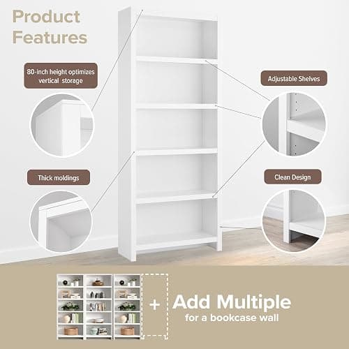 Prepac Moda 5-Tier Tall Wooden Bookcase, White Storage Cabinet, Display Cabinet, Bookshelf with Storage Shelves 31.75" W x 80" H x 12" D for Home Office, Living Room, Bedroom Organizer thumbnail 5