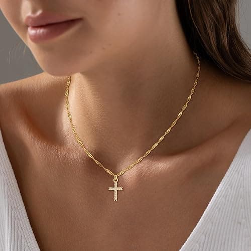 Fezodo Cross Necklace for Women Trendy - Dainty 18K Real Gold Plated Minimalist Cross Necklace Non Tarnish Waterproof Trendy Cute Simple Small Necklaces Easter Christian Religious Faith Jewelry Gifts thumbnail 4