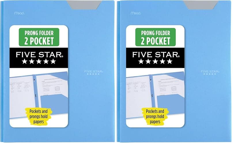Five Star 2 Pocket Folder, Stay-Put Folder, Plastic Colored Folders with Pockets & Prong Fasteners, for Home, School Supplies & Home Office, 11” x 8-1/2”, Blue (72115) (Pack of 2) - Image 1