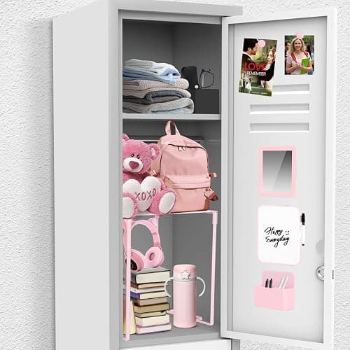 Locker Organizer and Accessories Kit, Includes Metal Locker Shelf, Magnetic Mirror, Pen Holder, Whiteboard, Markers, Magnets, Back to School Essentials Locker Decorations,Office,Gym Lockers (Pink) - Pink thumbnail 7
