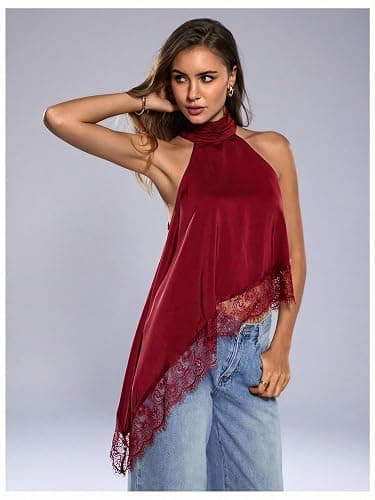 Milumia Women's Halter Neck Sleeveless Top Lace Asymmetrical Hem Summer Going Out Tank Tops thumbnail 4