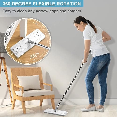 BOSHENG Mop and Bucket with Wringer Set, Hands Free Flat Floor Mop and Bucket, 3 Washable Microfiber Pads Included, Wet and Dry Use, Home Floor Cleaning System for All Floor Types and Windows thumbnail 3