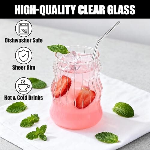 WOJVVK 2PCS 18 Oz Aesthetic Glass Cup, Cute Ribbed Glass Cups with Lids and Straws for Iced Coffee, Matcha Drinking thumbnail 5