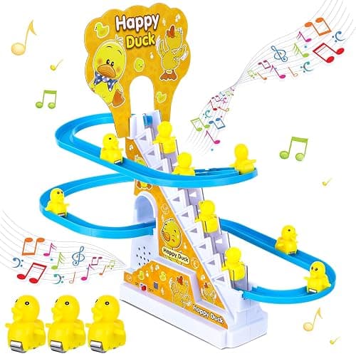 Zuimei 9Pcs Electric Duck Climbing Stairs Racer Track With LED Flashing Lights and Music, Slide Rollercoaster Set for Kids Boys Girls, Yellow - Image 1