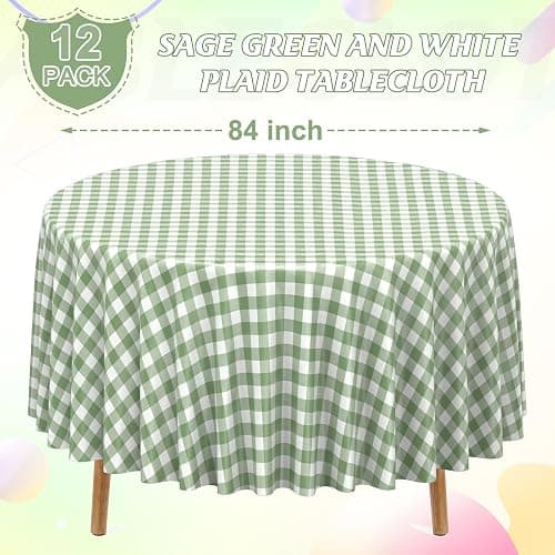 12 Pack Sage Green Plastic Checkered Tablecloth Round, Premium Decorative Disposable Sage Green Gingham Plaid Table Cloths for Parties, Round Party Table Cover for Baby Shower Picnic Birthday, 84 Inch thumbnail 3