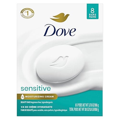 Dove Beauty Bar Soap Sensitive, 8 Bars for Sensitive Skin, Fragrance Free and Hypoallergenic 3.75 oz - 3.75 Ounce (Pack of 8) - Fragrance Free - Sensitive Skin