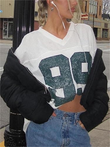 Oversized Jersey Shirts for Women Y2k Number Graphic Print V Neck Short Sleeve Aesthetic Summer T-Shirt Streetwear thumbnail 2