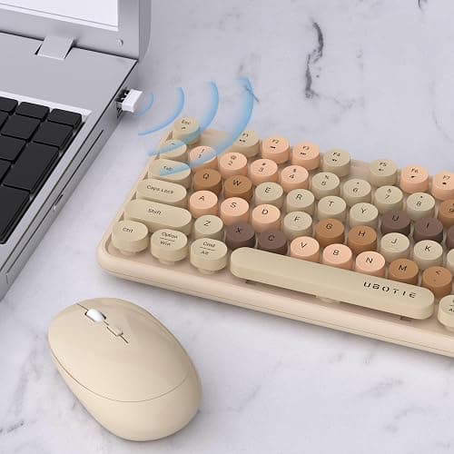 UBOTIE Colorful Computer Wireless Keyboards Mouse Combos, Typewriter Flexible Keys Office Full-Sized Keyboard, 2.4GHz Dropout-Free Connection and Optical Mouse (Milk Tea -Colorful) thumbnail 4