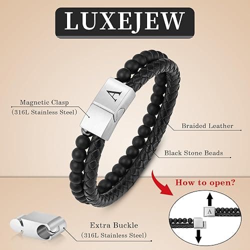 LUXEJEW Gifts for Men - Mens Bracelet, Beaded Leather Initial Bracelet 6mm Matte Agate Stone Handmade Bracelets Adjustable Stainless Steel Magnetic Clasp Mens Jewelry Gifts thumbnail 5