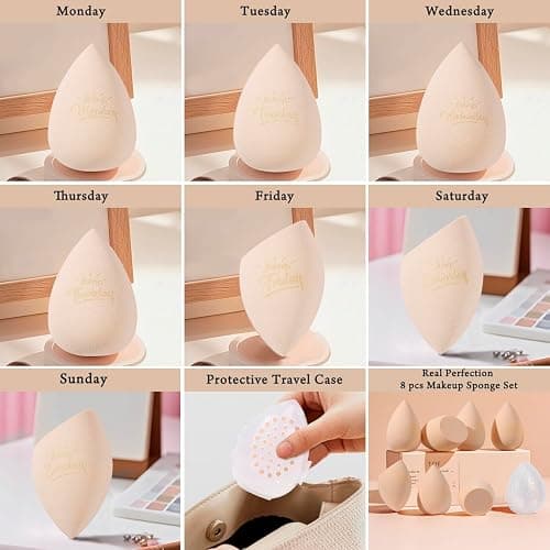 Real Perfection Makeup Sponge Set Blender Sponges, Latex-Free Beauty Makeup Sponges 7 pcs with 1 Travel Container Case for Blending Foundation Liquid Cream and Powder (Beige) thumbnail 2