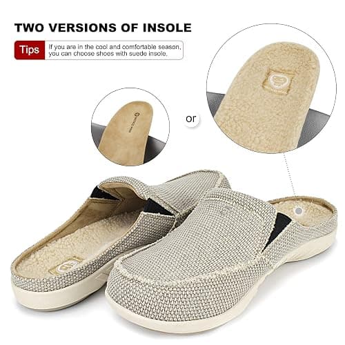 Mens Slippers with Arch Support, Canvas House Slipper for Men with Velvet Lining, Slip On Clog, Indoor Outdoor House Shoes with Anti-Skid Rubber Sole thumbnail 8