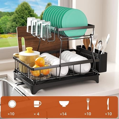 Godboat Dish Drying Rack, 2-Tier Dish Rack with Auto-Drain & Mat, Dish Racks for Kitchen Counter, Dish Drainer with Knife, Fork & Cup Rack, Gifts for Women, Mothers Day, Cool Stuff & Kitchen Gadgets thumbnail 3
