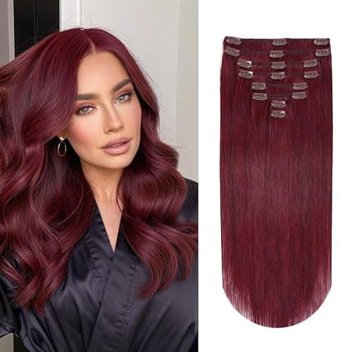 YILITE Clip in Extensions Echthaar 35cm 100% Echthaar Extensions Clip 14 Zoll 8 Stück 110g Unsichtbar Glatt Zum Anklippen Menschenhaar Doppelt Genäht (35cm #99j Burgunderrot) - Image 1