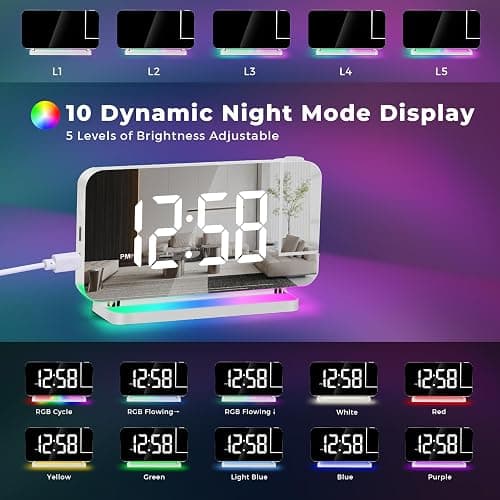 Poeroa Projection Clock, 7.4" LED Mirror Digital Alarm Clocks, with RGB Night Light, 180° Rotatable Projector,USB C Charger Port, Auto Dimmer, Modern Desk Clock for Teens Girl Adults Bedroom - White thumbnail 4