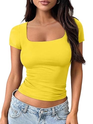 Trendy Queen Double Lined Tops for Women Square Neck Cute Going Out Short Sleeve Shirts Spring Summer Crop Tops Teens Tees - Image 1