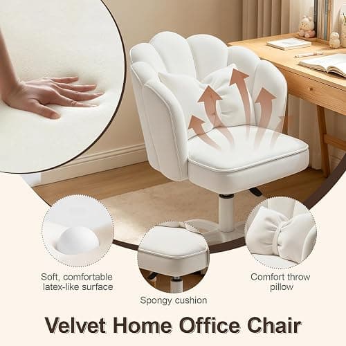 XUEGW Petal Desk Chair with Bow Cushion Velvet Vanity Chair with Wheels, Upholstered Home Office Chair for Girls Women, Mid-Back Swivel Computer Task Chairs for Living Room Bedroom thumbnail 6