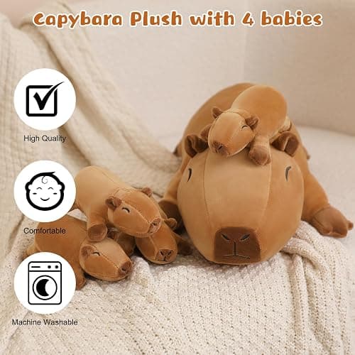 TOYSYM Capybara Plush Cute Capybara Stuffed Animal Pillow with 4 Baby Plushies in Her Tummy, Soft Cotton Stuffed Animals Toy Gifts for Kids thumbnail 7