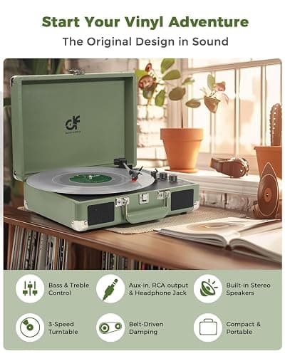Vinyl Record Player 3 Speed Portable Suitcase Record Player with Treble & Bass Control, Built-in Speakers, 3.5mm Headphone Jack, RCA-Out/Aux in, Vintage Belt-Driven Turntable, Sage Green thumbnail 3