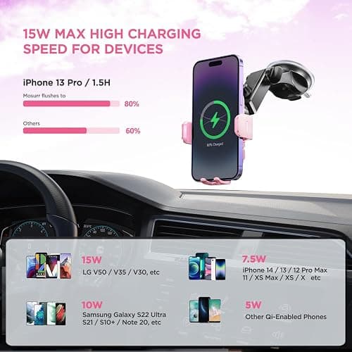 Wireless Car Charger,【7 Colored LED Backlit】 15W Auto Clamping Car Charger Phone Mount Holder fit for iPhone 14 13 12 Mini Pro Max 11 XR XS, Samsung Galaxy S23 Ultra S22 S21+ S10+ Note 20, etc - Pink thumbnail 3