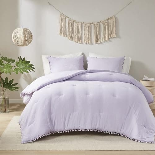 Codi Lavender Purple Boho Twin Comforter Set for Girls, Aesthetic Pom Fringe Design Cute Bedding, Soft Washed Microfiber Bed Sets, Lightweight Chic,1 Comforter & 1 Pillowcase thumbnail 8