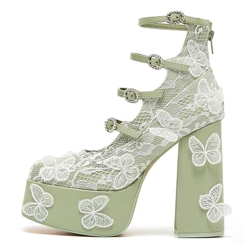 KISTANIA Women's Platform Chunky Heels with Lace Butterfly Square Toe Ankle Strap Mary-Jane Platform Pumps thumbnail 3