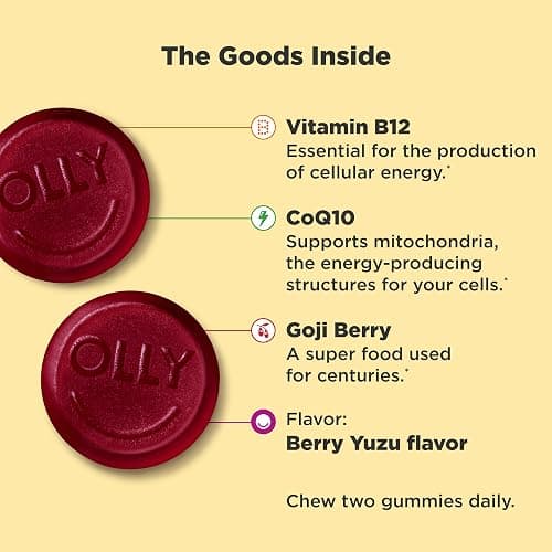 OLLY Extra Strength Daily Energy Gummy, Caffeine Free, 1000mcg Vitamin B12, CoQ10, Goji Berry, Adult Chewable Supplement, Berry Yuzu Flavor - 60 Count thumbnail 2