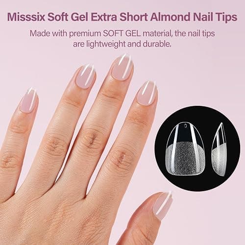 Misssix Extra Short Almond Gel Nail Tips Kit, 216Pcs Pre Etched Clear Fake Nails, Full Cover False Nail 9-in-1 Gel Glue and Portable Mini U V Nail Lamp for Women 12 Sizes thumbnail 2