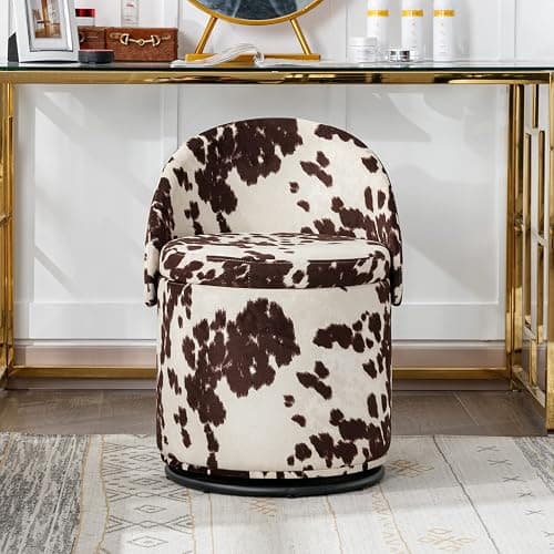 Ya-Home Modern Swivel Ottoman Vanity Chair, Linen Upholstered Barrel Club 360°Degree Swivel Side Stool with Storage, Comfy Makeup Stool for Bedroom Living Room, Milk Cow thumbnail 7