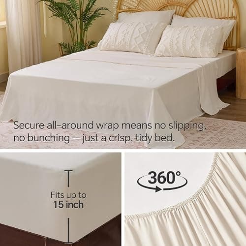BEDELITE Queen Comforter Set 7 Pieces Cream White - Tufted Boho Bed in a Bag,Farmhouse-Style Embroidery Bedding for All Seasons,Soft Comforter with Sheets, Pillowcases & Shams thumbnail 7
