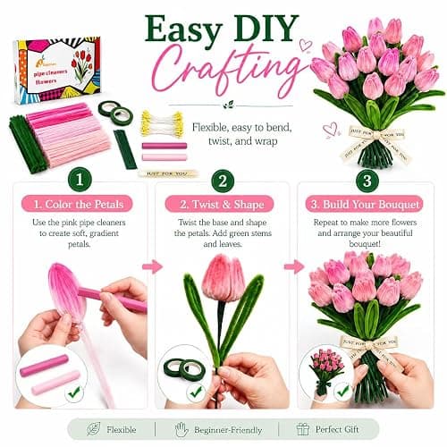 Quaystars 400Pcs Pipe Cleaners Bulk for Crafts - Tulip Flower Making Kit with Chenille Stems, Wire & Tape - DIY Arts and Crafts Supplies for Adults, Gift (Green, Pink) thumbnail 4