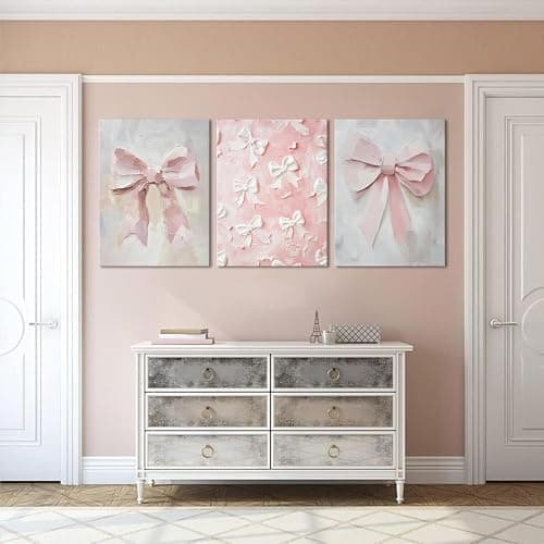 Pink Bow Canvas Wall Art Set of 3 Coquette Oil Painting Cute Bow Posters Wall Decor Trendy Preppy Print Picture for Back to School Bedroom Bathroom College Dorm 12x16 In Framed thumbnail 7