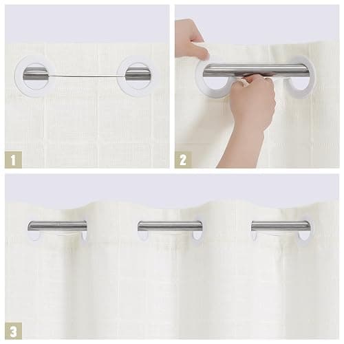 MitoVilla No Hooks Needed Boho Farmhouse Shower Curtain with Snap-in Liner, Cotton Linen Fabric Shower Curtains with Tassels for Rustic Neutral Bathroom Decor, Ivory, 72 x 74 thumbnail 5