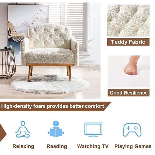 KINFFICT Modern Accent Chair, Upholstered Single Sofa Arm Chair for Living Room and Bedroom, Comfy Armchair with Solid Tapered Metal Legs, White thumbnail 3