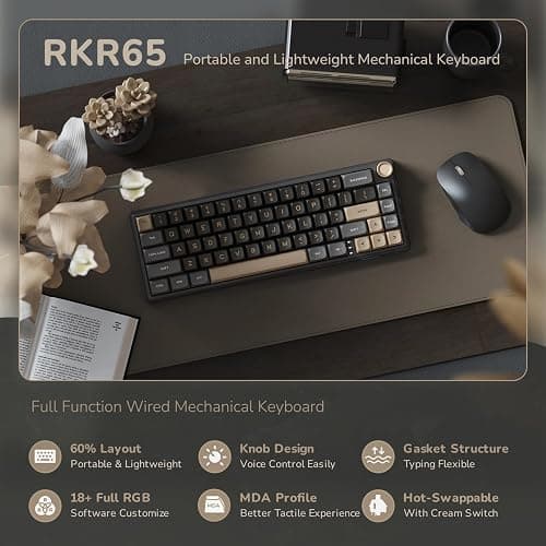 RK ROYAL KLUDGE R65 Wired Gaming Keyboard with Volume Knob, 60% Percent RGB Backlit Mechanical Keyboard Gasket Mount with PBT Keycaps, MDA Profile, QMK/VIA, 66 Keys Hot Swappable Cream Switch, Black thumbnail 2
