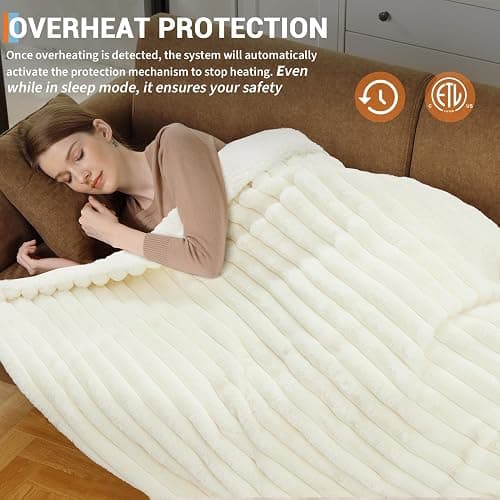 GarveeHome Electric Blanket Heated Throw, Heated Blanket Cozy Faux Rabbit Fur with 4 Heating Levels & 4 Hours Auto Off, Over-Heat Protection, Machine Washable, ETL Certification, Beige White 50"x60" thumbnail 6