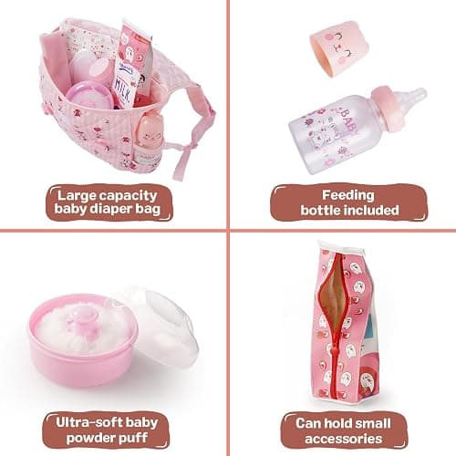 BABESIDE 10 Pcs Reborn Doll Accessories Set for 17-22 Inch Dolls, Feeding and Care Set, Including Diaper Bag, 2 Diapers, Great for Children's Pretend Play (Dolls not Included) thumbnail 4