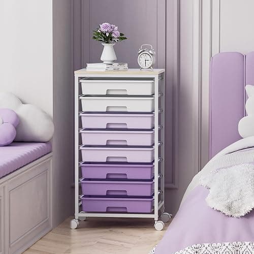 SYKIARIOL Rolling Cart with Drawers,Utility Cart With 8 Drawers and Wooden Tabletop for Living Room,Classroom,Bedroom,Bathroom,Dorm,Office,Purple thumbnail 7
