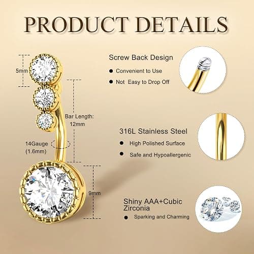 FIASASO 9 Pcs Gold Belly Button Ring Surgical Stainless Steel Belly Rings CZ Opal Pearl Belly Button Ring Clicker Belly Piercings for Women Navel Piercings Pack Silver/Gold - Gold - 10.0 Millimeters thumbnail 2