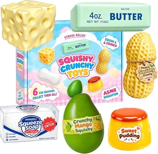 6 Pack Crunchy Squishy Box Slow Crunchy Squishies Mystery Fun Set (6PCS E) | Butter Peanut Pudding Cream Cheese Potato Asmr Filled, Squeeze Stress Ball Rebound Calming Desk Decor Moldable Adults - Image 1