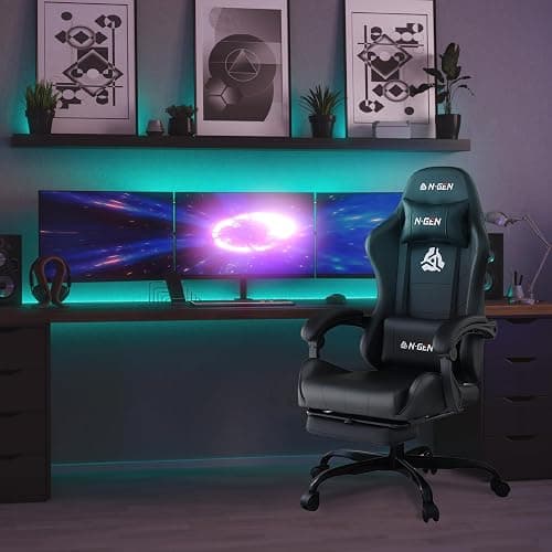N-GEN GAMING Video Gaming Chair with Footrest Lumbar Support for Home Office High Back Recliner Height Adjustable Ergonomic Comfy Leather Computer Desk Chair (Black) thumbnail 2